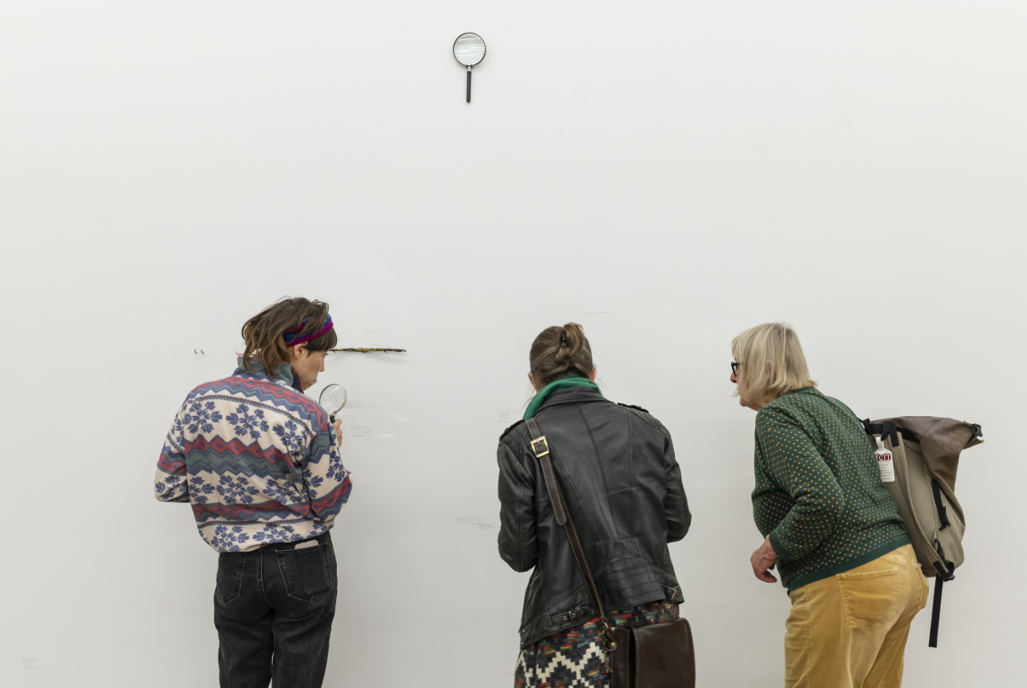 Besucherinnen schauen mit Lupen auf Werk - Ausstellung Werkbeiträge 2025 (Bild: Priska Ketterer) 